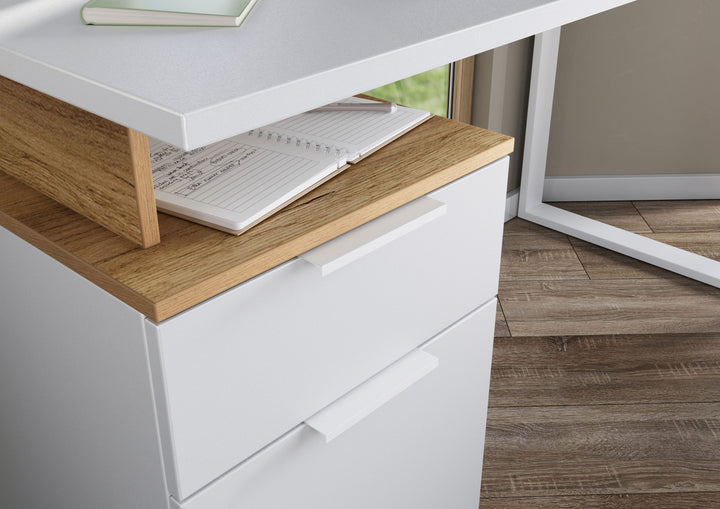 Schreibtisch mit Container in Weiß-Beige_ 140x61x74_ Metallkufen_ Stoßfest_ SAGE-Serie von Kadima Design_Größe_ 140x61x74 cm_#sku_BARK5999_633#