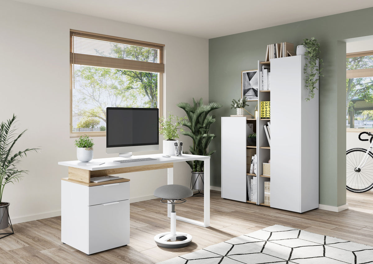 Schreibtisch mit Container in Weiß-Beige  140x61x74  Metallkufen  Stoßfest  SAGE-Serie von Kadima Design Größe  140x61x74 cm