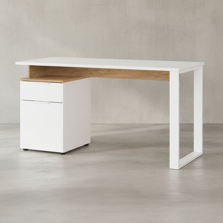 Schreibtisch mit Container in Weiß-Beige_ 140x61x74_ Metallkufen_ Stoßfest_ SAGE-Serie von Kadima Design_Größe_ 140x61x74 cm_