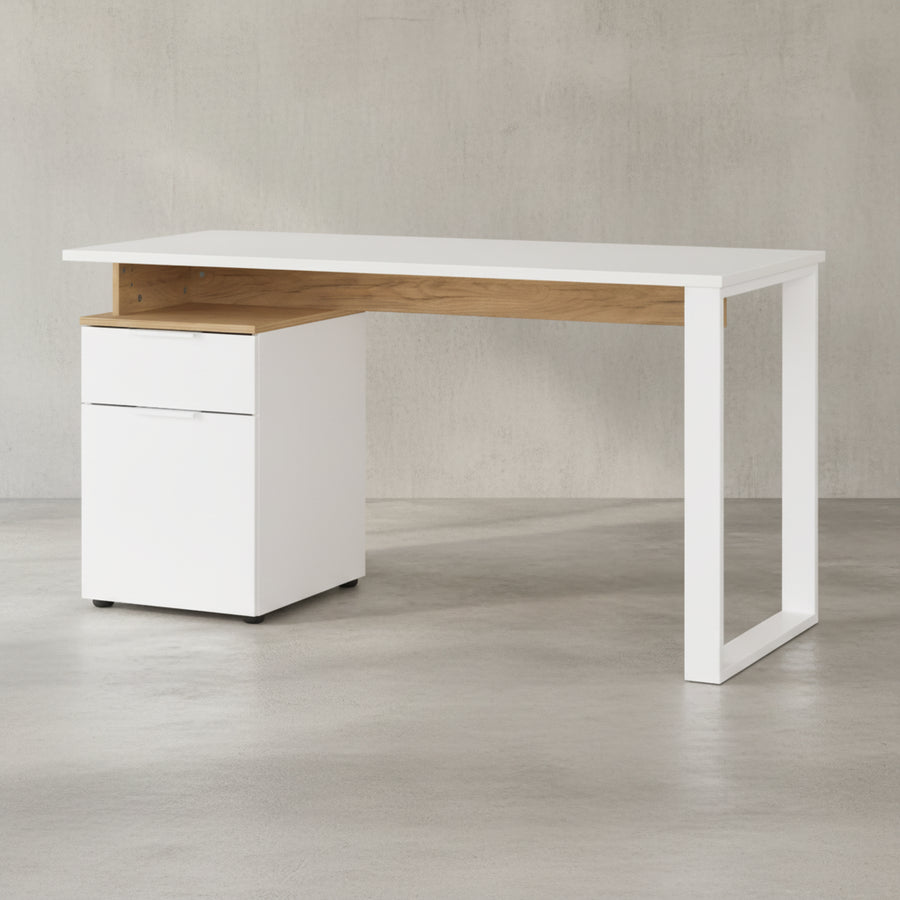 Schreibtisch mit Container in Weiß-Beige_ 140x61x74_ Metallkufen_ Stoßfest_ SAGE-Serie von Kadima Design_Größe_ 140x61x74 cm_