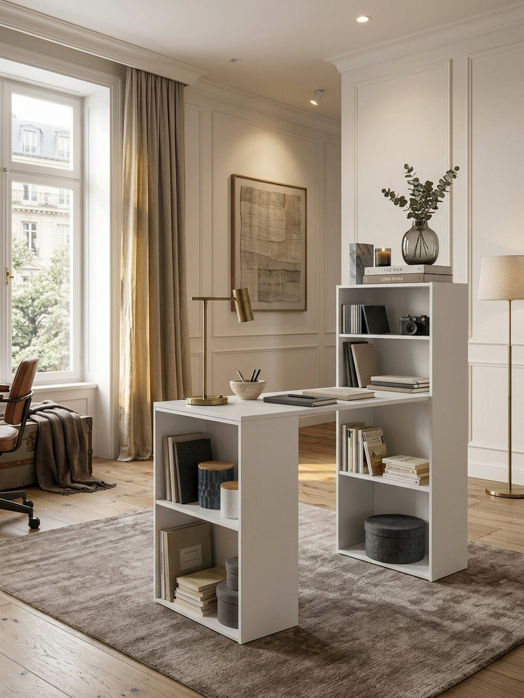 Eleganter weißer Schreibtisch mit Regal in einem hellen Home Office, dekoriert mit Skulpturen und getrocknetem Eukalyptus. Mattes Finish auf hochwertigem Eichenparkett._