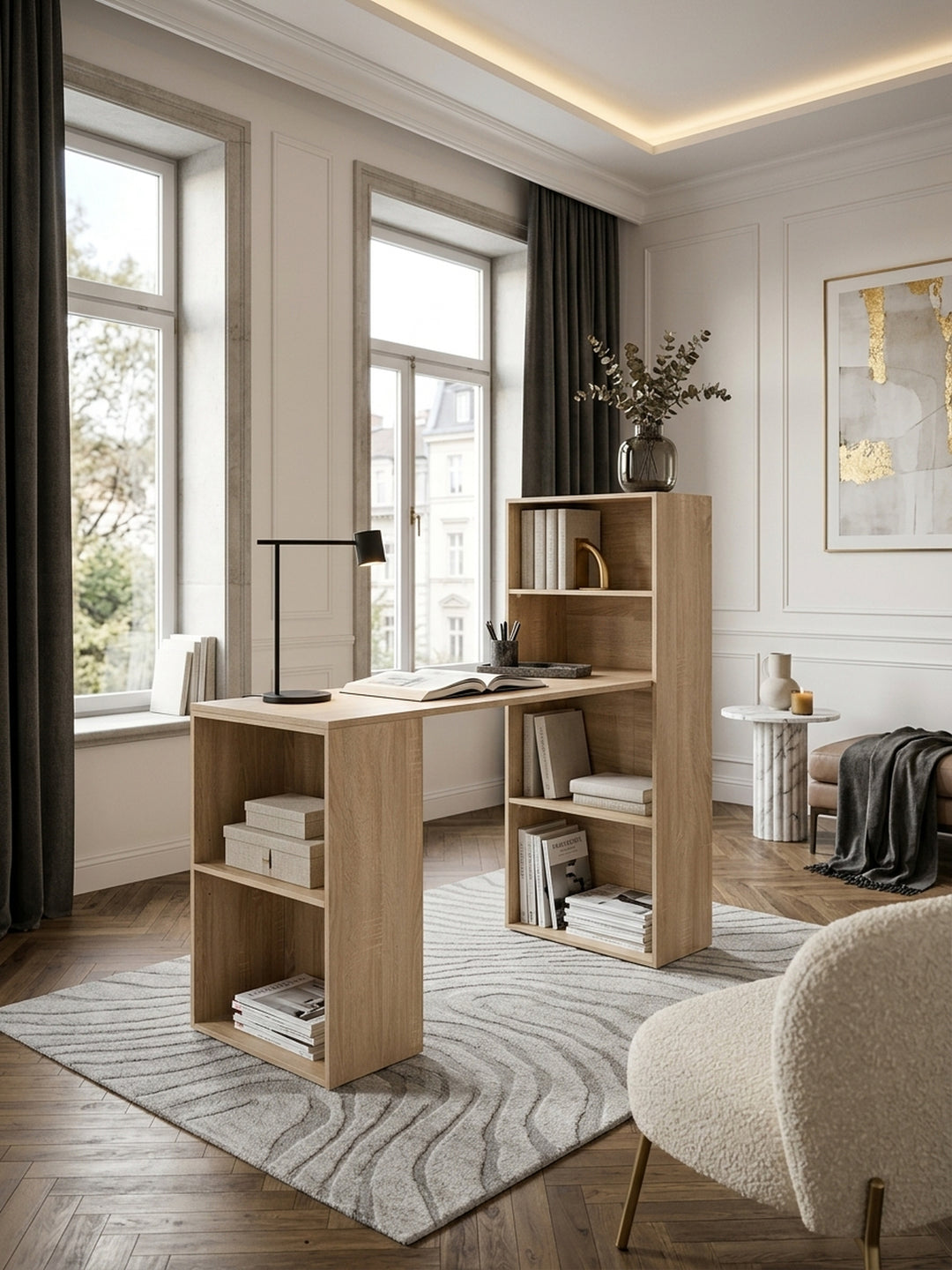 Eleganter Schreibtisch mit Regal in Sonoma Eiche im modernen Home Office. Der 120x120x53 cm große Computertisch bietet mit seinen offenen Ablagefächern viel Stauraum am Arbeitsplatz._