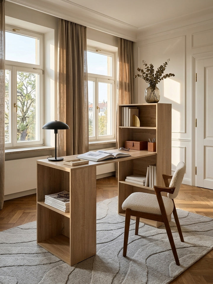 Draufsicht auf den platzsparenden Schreibtisch in L-Form. Die helle Holzoptik der Arbeitsplatte fügt sich harmonisch ins Arbeitszimmer ein, umgeben von einem hellgrauen Wollteppich._