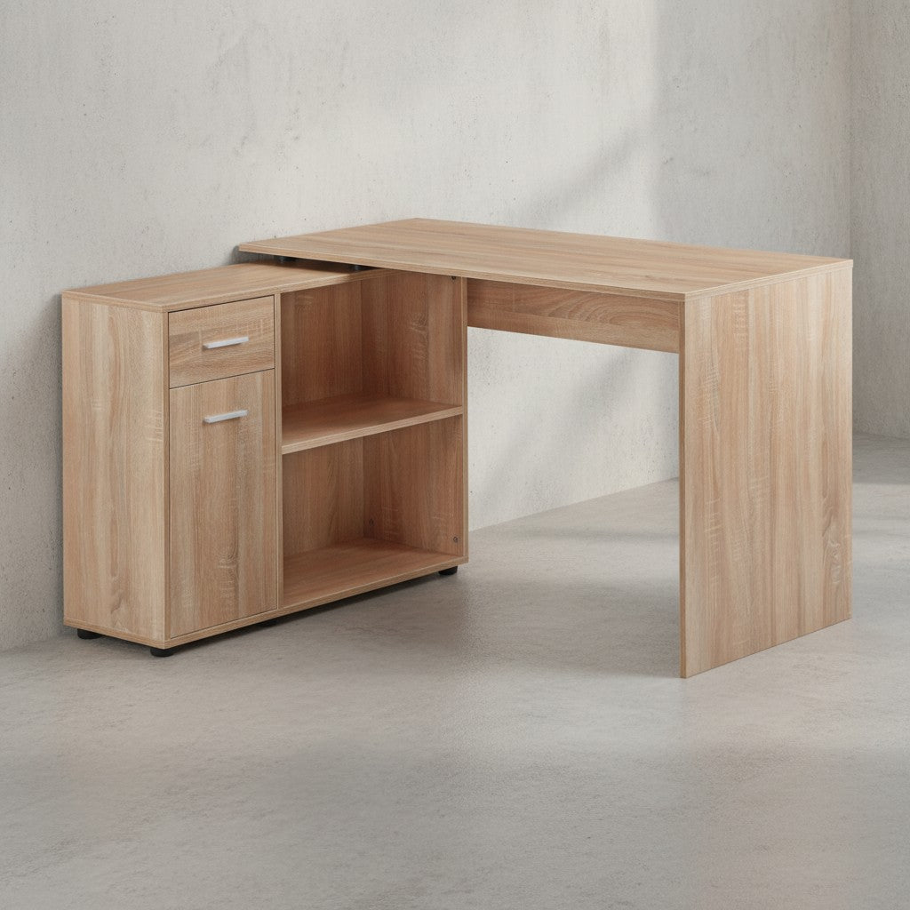 Schreibtisch mit Regal-Platte_ Integriertes Regal_ Drehbares Design_ Melaminharz-Beschichtung_ Schublade/Tür - KADIMA DESIGN_Farbe_ Beige_ Größe_ 120x107x75 cm_