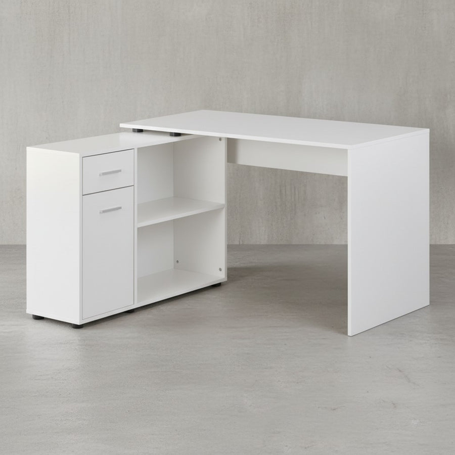 Schreibtisch mit Regal-Platte_ Integriertes Regal_ Drehbares Design_ Melaminharz-Beschichtung_ Schublade/Tür - KADIMA DESIGN_Farbe_ Weiß_ Größe_ 120x107x75 cm_