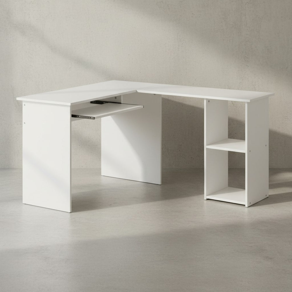 Schreibtischkombination ITTER_ Standregal_ Tastaturauszug_ Melaminharz-Beschichtung - KADIMA DESIGN_Farbe_ Weiß_ Größe_ 140x120x75 cm_