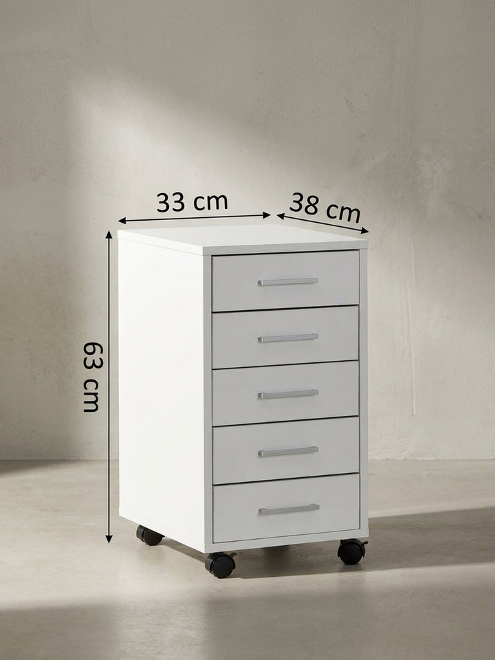 Technische Zeichnung des weißen Rollcontainers mit exakten Maßangaben von 33 cm Breite und der Gesamthöhe inklusive Lenkrollen._