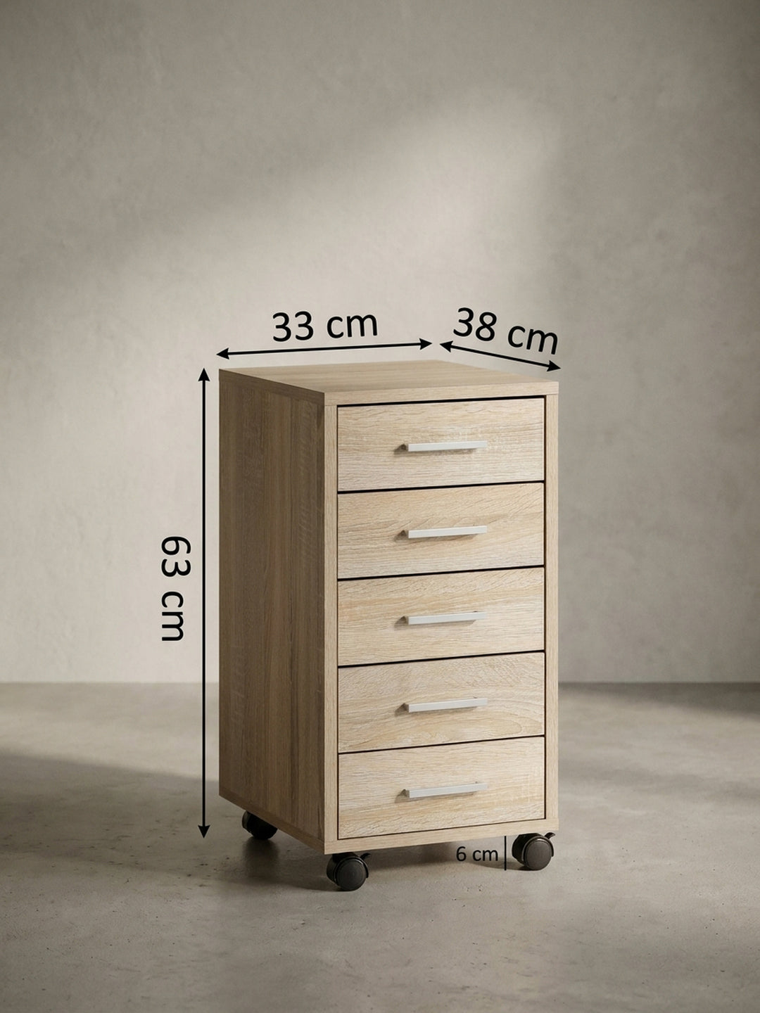 Maßskizze des Rollcontainers mit 33 cm Breite und 63 cm Höhe zur genauen Raumplanung für den verfügbaren Platz unter dem Schreibtisch._