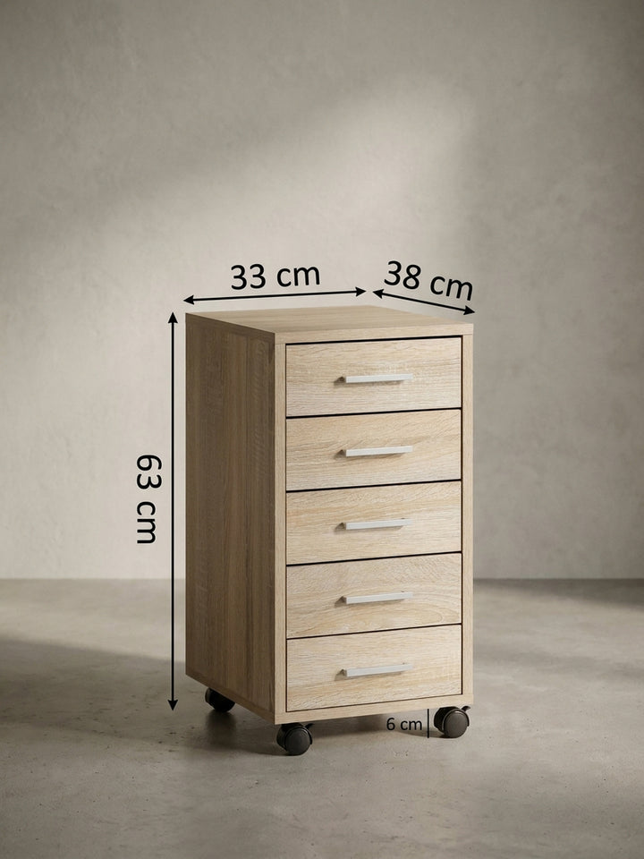Maßskizze des Rollcontainers mit 33 cm Breite und 63 cm Höhe zur genauen Raumplanung für den verfügbaren Platz unter dem Schreibtisch._