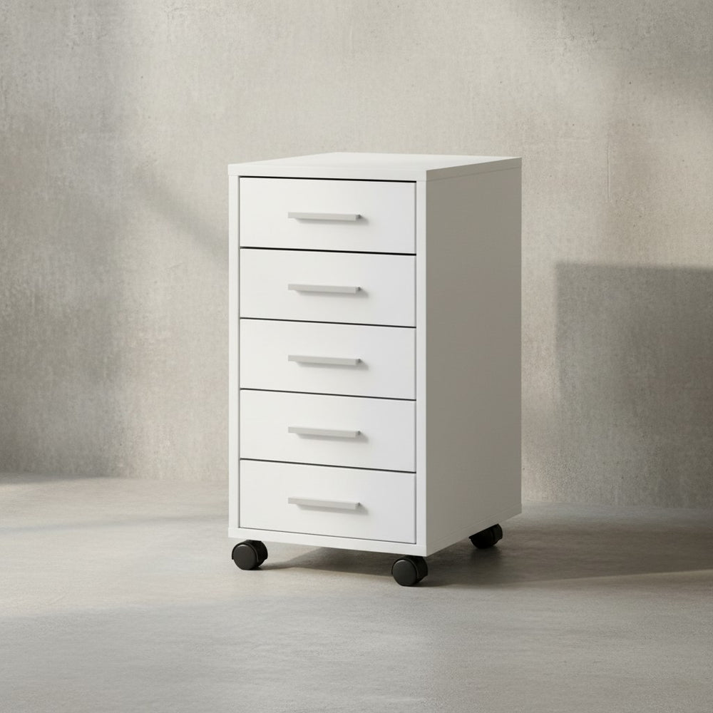 Schubladenschrank ITTER Holz_ 5 Schubladen_ Rollen_ melaminharzbeschichtet - KADIMA DESIGN_Farbe_ Weiß_ Größe_ 33x38x63 cm_