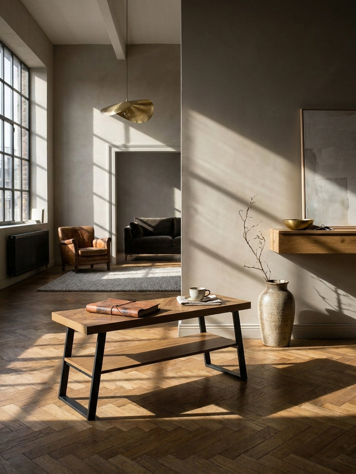 Moderne Garderobenbank mit Fischgrät-Muster in einem hellen Altbau-Flur mit Stuckdecke und Eichenparkett, elegant eingerichtet._