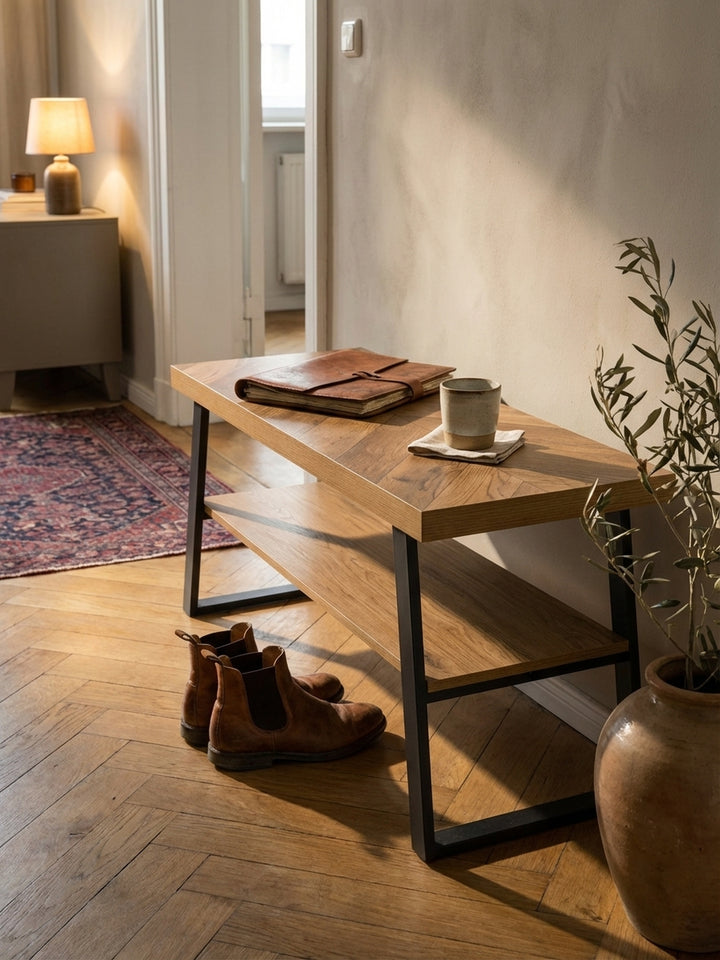 Einladende Szene im Flur: Auf der schmalen Sitzbank liegen Bücher und eine Vase, darunter stehen Schuhe, praktisch und stilvoll._