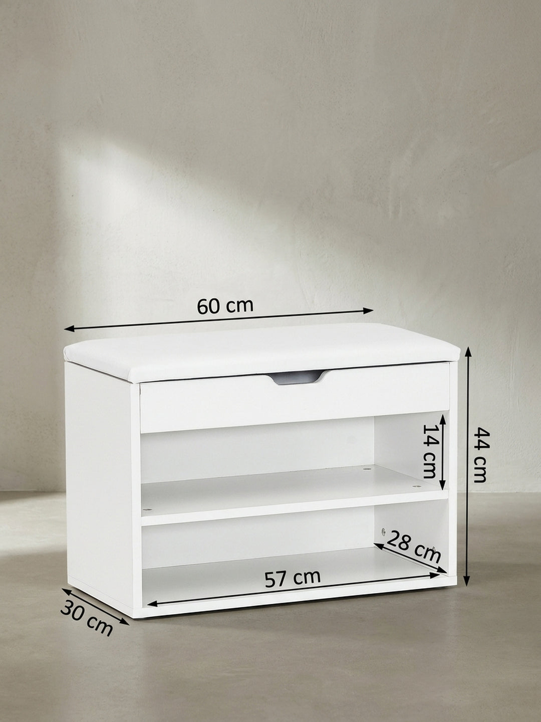 Maßskizze der weißen Garderobenbank mit exakten Abmessungen von 60x40x30 cm und detaillierten Höhenangaben für die Regalfächer_