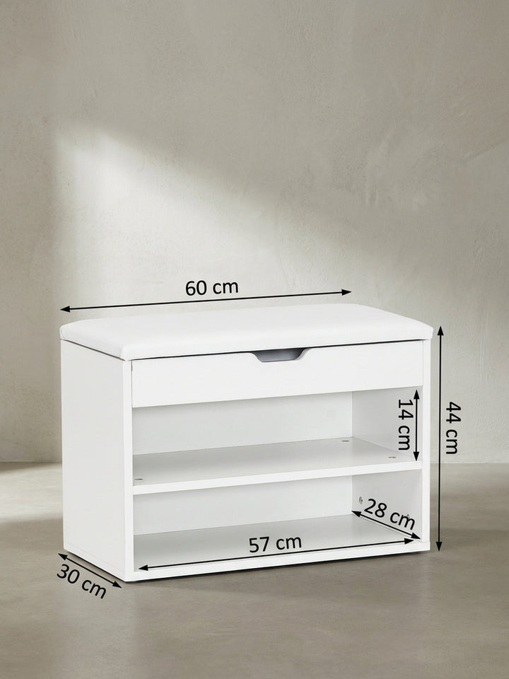Maßskizze der weißen Garderobenbank mit exakten Abmessungen von 60x40x30 cm und detaillierten Höhenangaben für die Regalfächer_