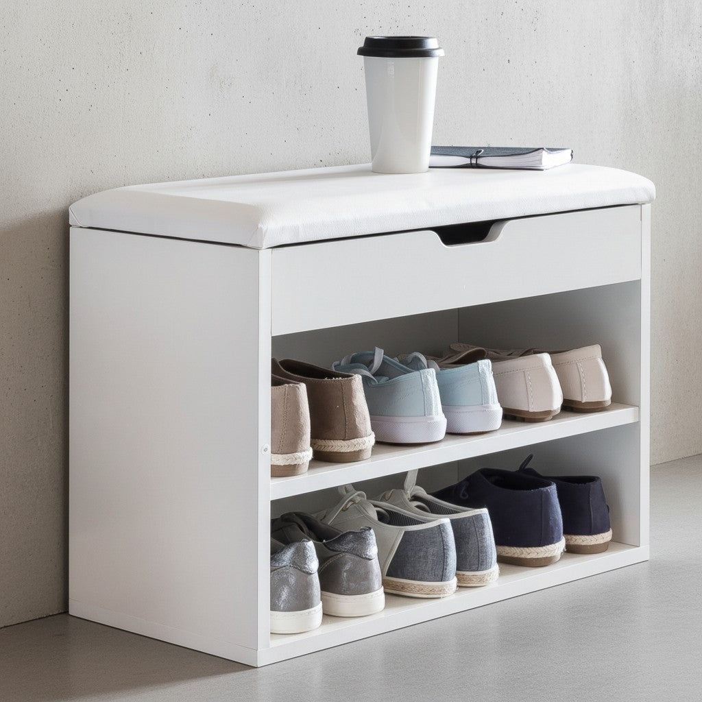 Schuhbank CIGNO mit Stauraum_ Gepolsterter Kunstlederbezug_ Weiß/Sonoma Eiche_ Melaminharzbeschichtung - KADIMA DESIGN_Farbe_ Weiß_ Größe_ 60x30x40 cm_