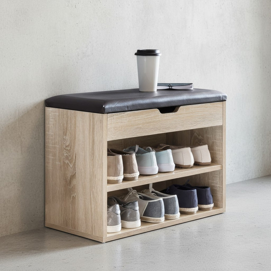 Schuhbank CIGNO mit Stauraum_ Gepolsterter Kunstlederbezug_ Weiß/Sonoma Eiche_ Melaminharzbeschichtung - KADIMA DESIGN_Farbe_ Beige_ Größe_ 60x30x40 cm_
