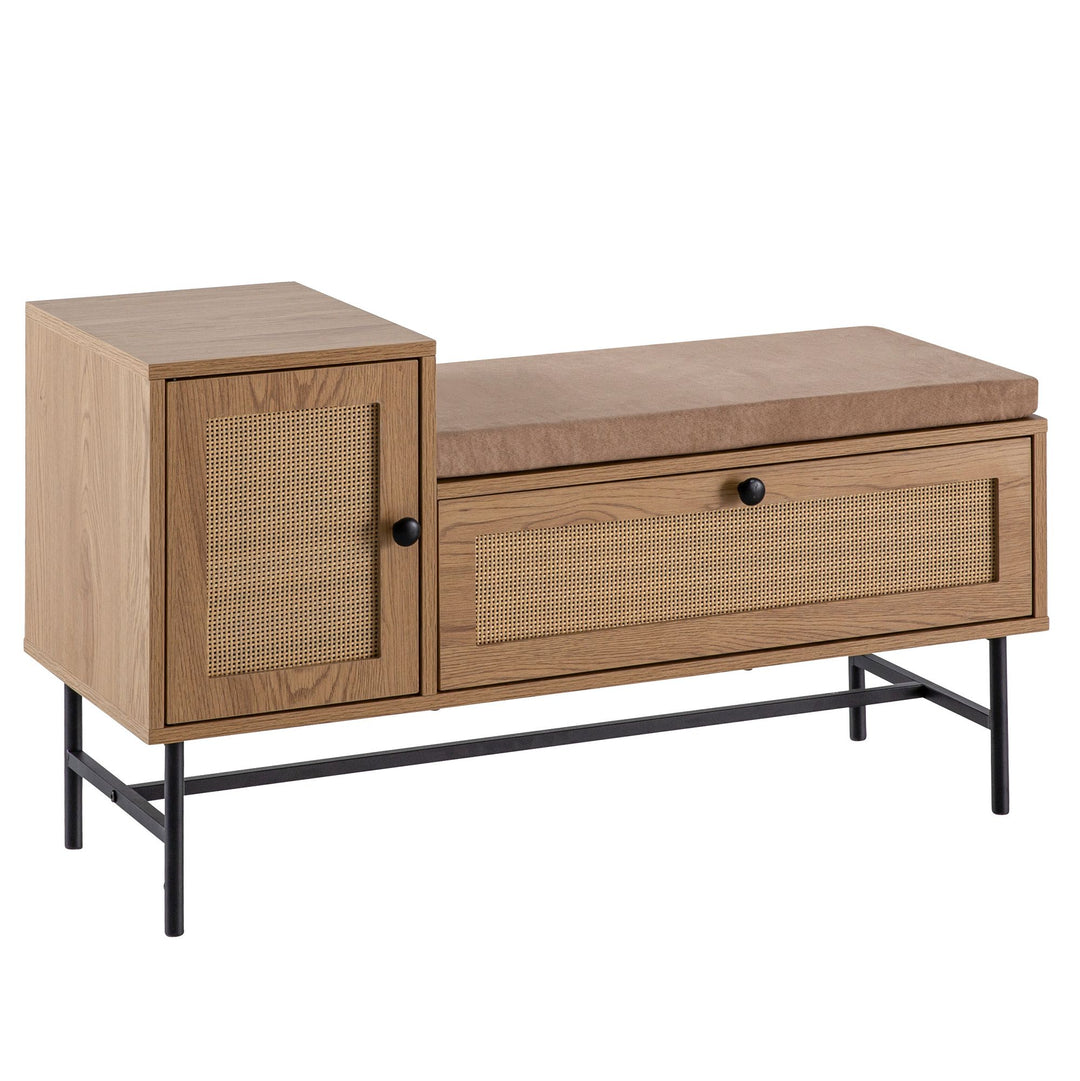 Schuhbank – Eiche-Dekor, 100x60x38 cm, Rattan-Elemente, gepolstert, mit Stauraum