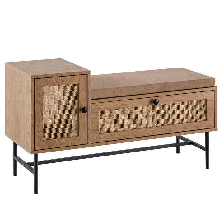 Schuhbank – Eiche-Dekor, 100x60x38 cm, Rattan-Elemente, gepolstert, mit Stauraum