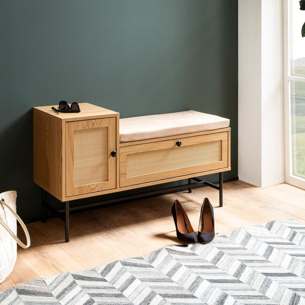 Schuhbank mit Sitzfläche 100x60x38 cm Garderobenbank Eiche-Dekor - Sitzbank Rattan Klein Gepolstert - Bank Schmal Flur mit Stauraum - Flurbank Flurmöbel mit Schublade und Tür_