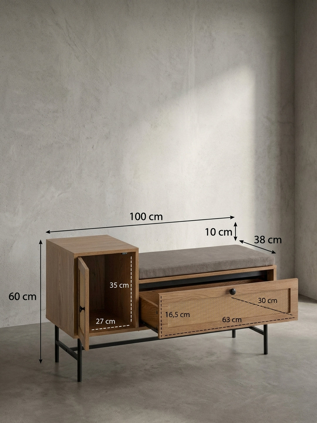 Garderobenbank mit exakten Maßangaben: 100 cm Breite, 60 cm Höhe und 38 cm Tiefe, ideal für die Planung eines schmalen Flurs._