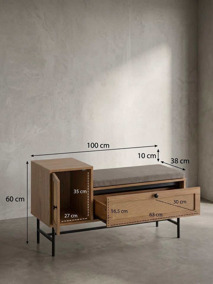 Garderobenbank mit exakten Maßangaben: 100 cm Breite, 60 cm Höhe und 38 cm Tiefe, ideal für die Planung eines schmalen Flurs._