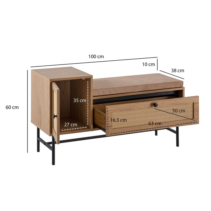 Schuhbank – Eiche-Dekor, 100x60x38 cm, Rattan-Elemente, gepolstert, mit Stauraum