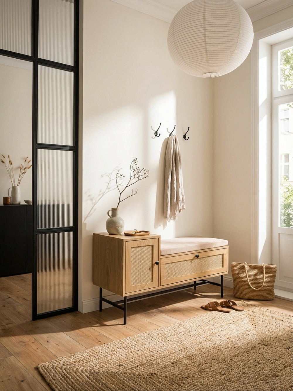 Moderne Schuhbank in Eiche-Optik mit Rattan in einem hellen, Japandi-inspirierten Flur, beleuchtet von sanftem Tageslicht._