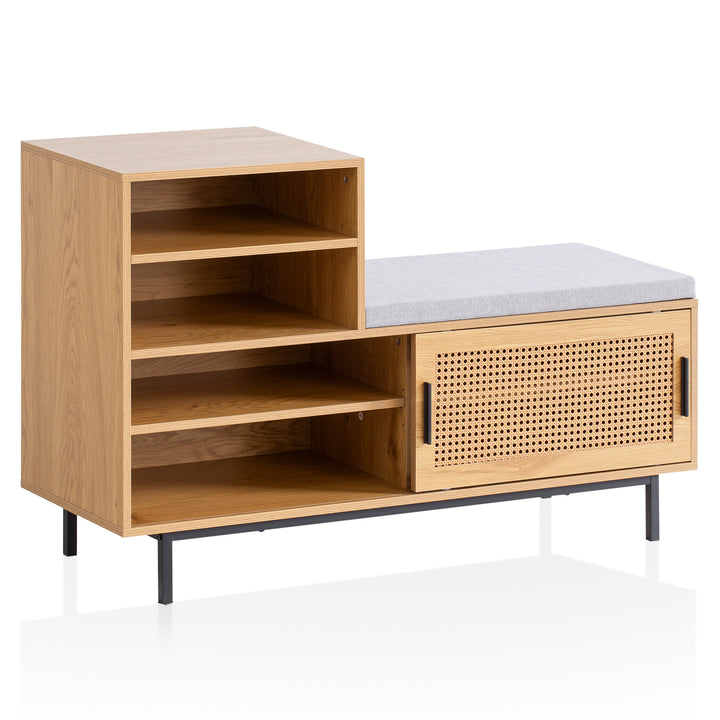 Schuhbank – Eiche-Dekor, 120x75,5x40 cm, Rattan-Elemente, Sitzbank gepolstert