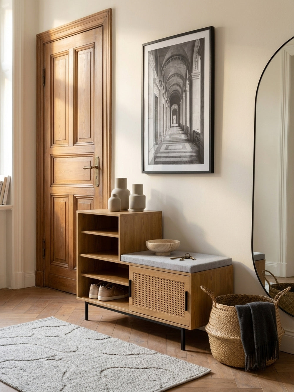 Detailaufnahme der markanten Holzmaserung des Eiche-Dekors der Flurbank, die eine warme und natürliche Haptik vermittelt._