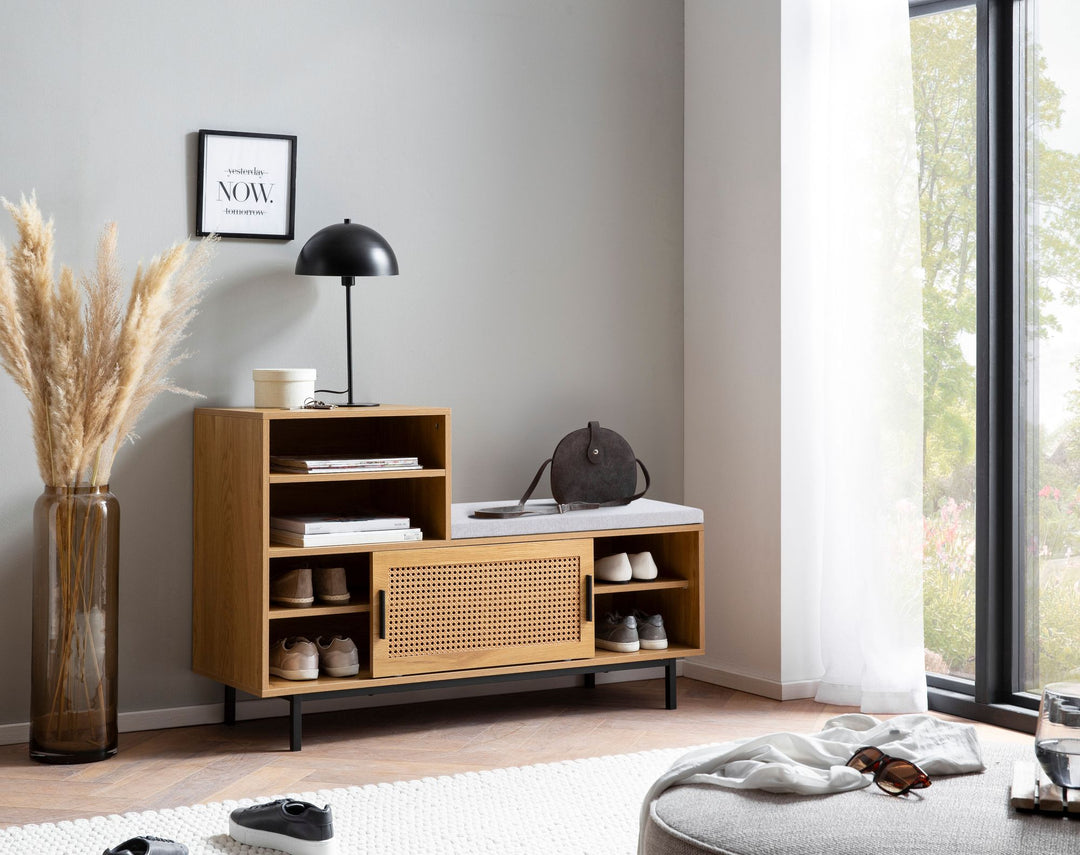 Schuhbank mit Sitzfläche 120x75-5x40 cm Garderobenbank Eiche-Dekor - Sitzbank Rattan Klein Gepolstert - Bank Schmal Flur mit Stauraum - Flurbank Wiener Geflecht - Flurmöbel mit Schiebetür_