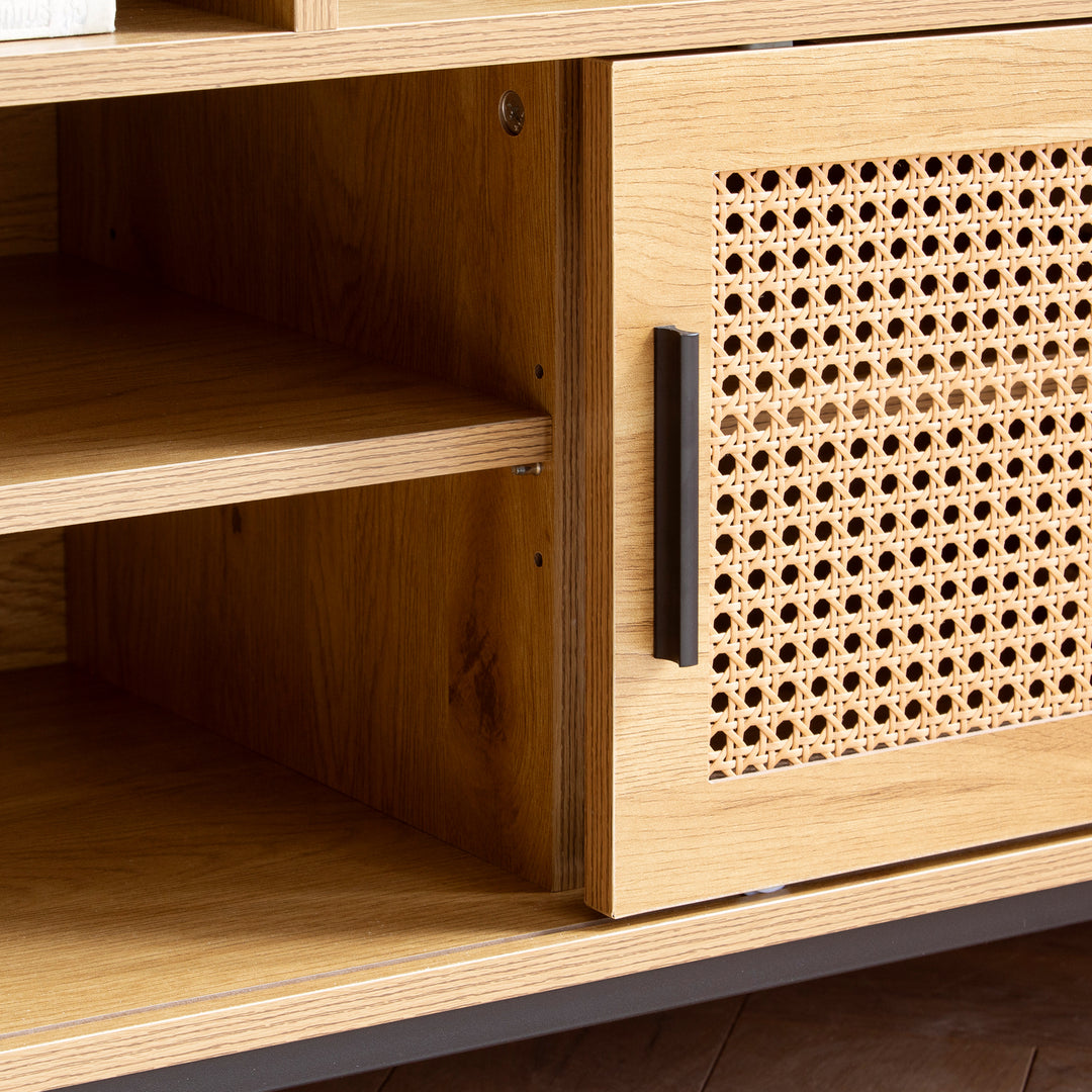 Schuhbank – Eiche-Dekor, 120x75,5x40 cm, Rattan-Elemente, Sitzbank gepolstert