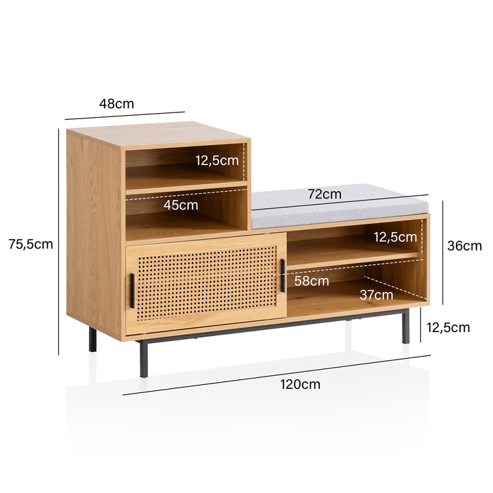 Schuhbank – Eiche-Dekor, 120x75,5x40 cm, Rattan-Elemente, Sitzbank gepolstert