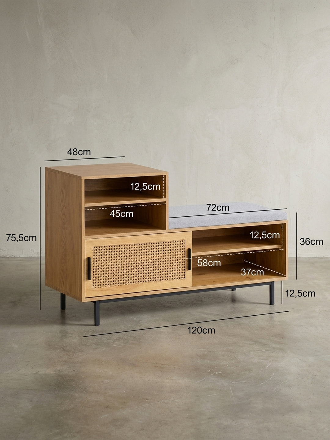 Technische Zeichnung der Schuhbank mit allen relevanten Maßen: Gesamtbreite 120 cm, Höhe 75,5 cm und Tiefe 40 cm für die Raumplanung._