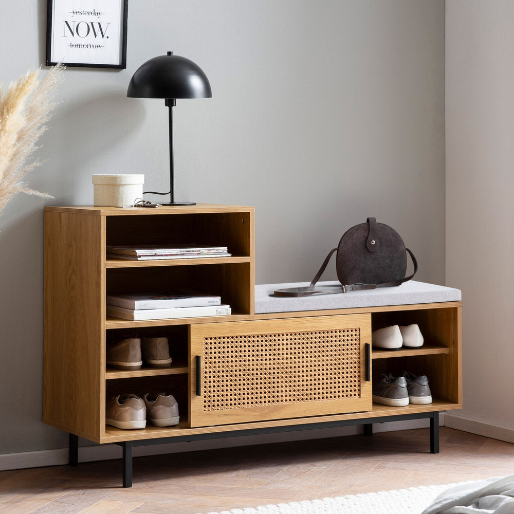 Schuhbank mit Sitzfläche 120x75-5x40 cm Garderobenbank Eiche-Dekor - Sitzbank Rattan Klein Gepolstert - Bank Schmal Flur mit Stauraum - Flurbank Wiener Geflecht - Flurmöbel mit Schiebetür_