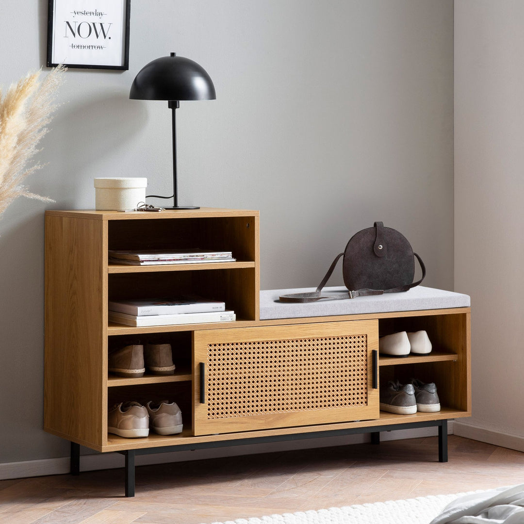 Schuhbank mit Sitzfläche 120x75-5x40 cm Garderobenbank Eiche-Dekor - Sitzbank Rattan Klein Gepolstert - Bank Schmal Flur mit Stauraum - Flurbank Wiener Geflecht - Flurmöbel mit Schiebetür_