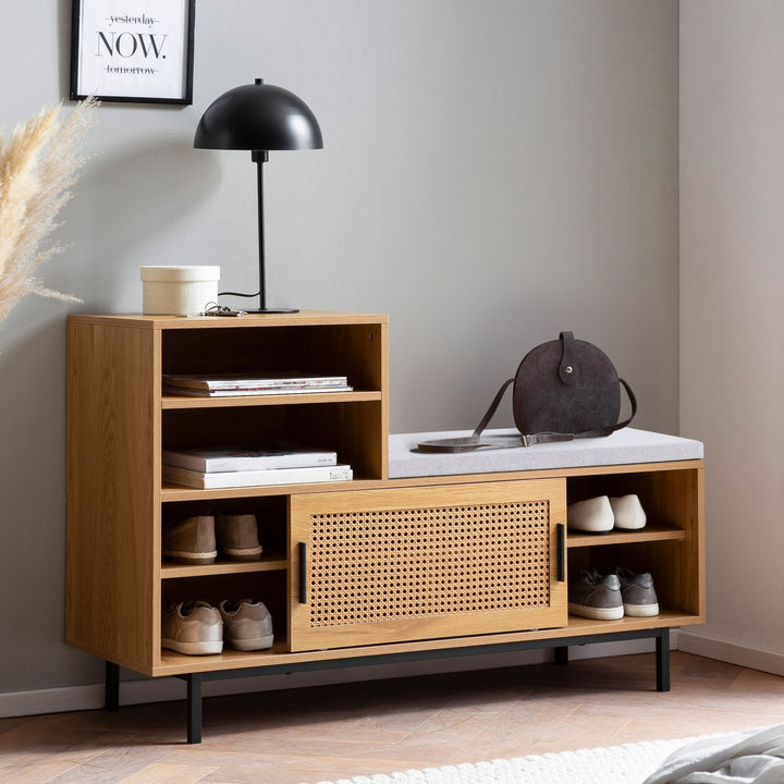 Schuhbank mit Sitzfläche 120x75-5x40 cm Garderobenbank Eiche-Dekor - Sitzbank Rattan Klein Gepolstert - Bank Schmal Flur mit Stauraum - Flurbank Wiener Geflecht - Flurmöbel mit Schiebetür_