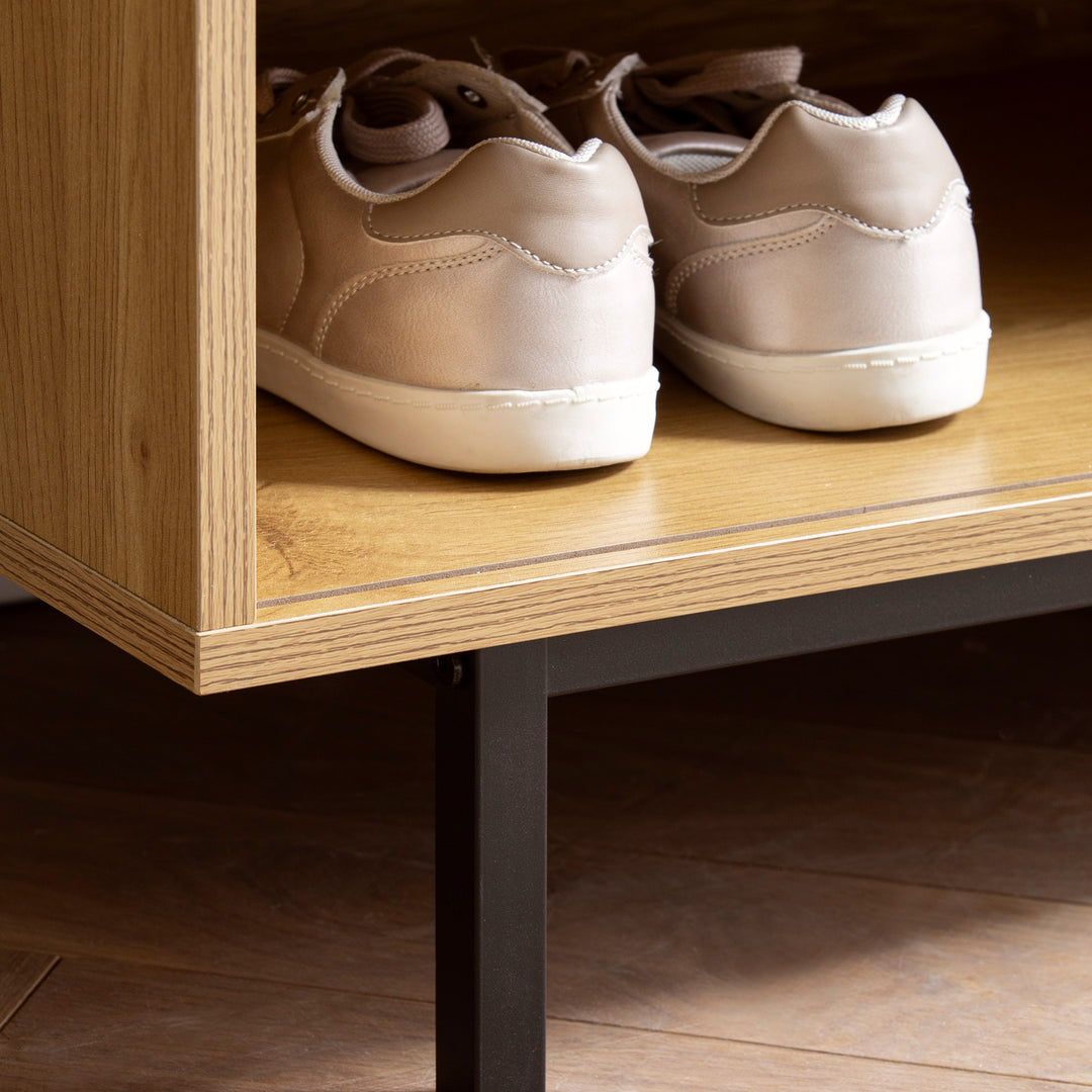 Schuhbank – Eiche-Dekor, 120x75,5x40 cm, Rattan-Elemente, Sitzbank gepolstert