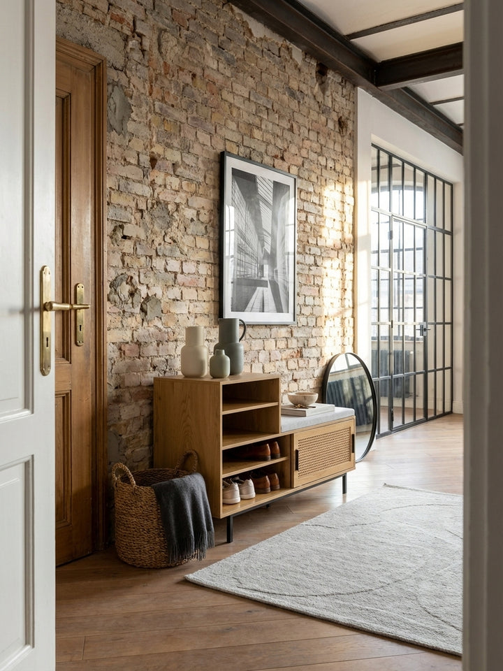 Schuhbank in Eiche-Dekor mit Wiener Geflecht im eleganten Flur einer Altbauwohnung, platziert auf einem hellen Wollteppich vor einer grauen Wand._