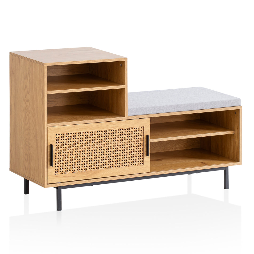 Schuhbank – Eiche-Dekor, 120x75,5x40 cm, Rattan-Elemente, Sitzbank gepolstert