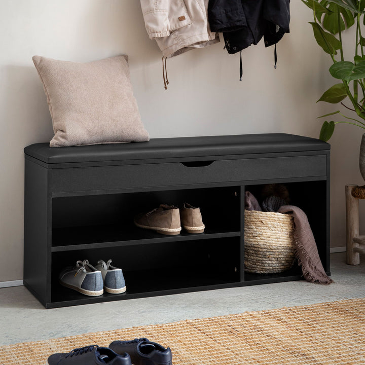 Schuhbank – Kunstleder/Holz, 104x51x32 cm, Schwarz, mit Stauraum