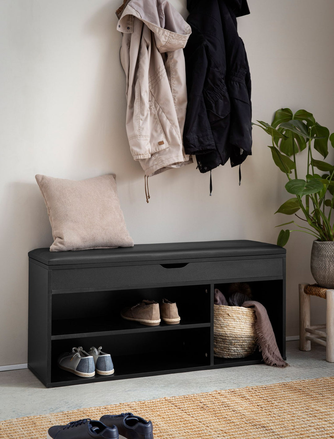 Schuhbank – Kunstleder/Holz, 104x51x32 cm, Schwarz, mit Stauraum