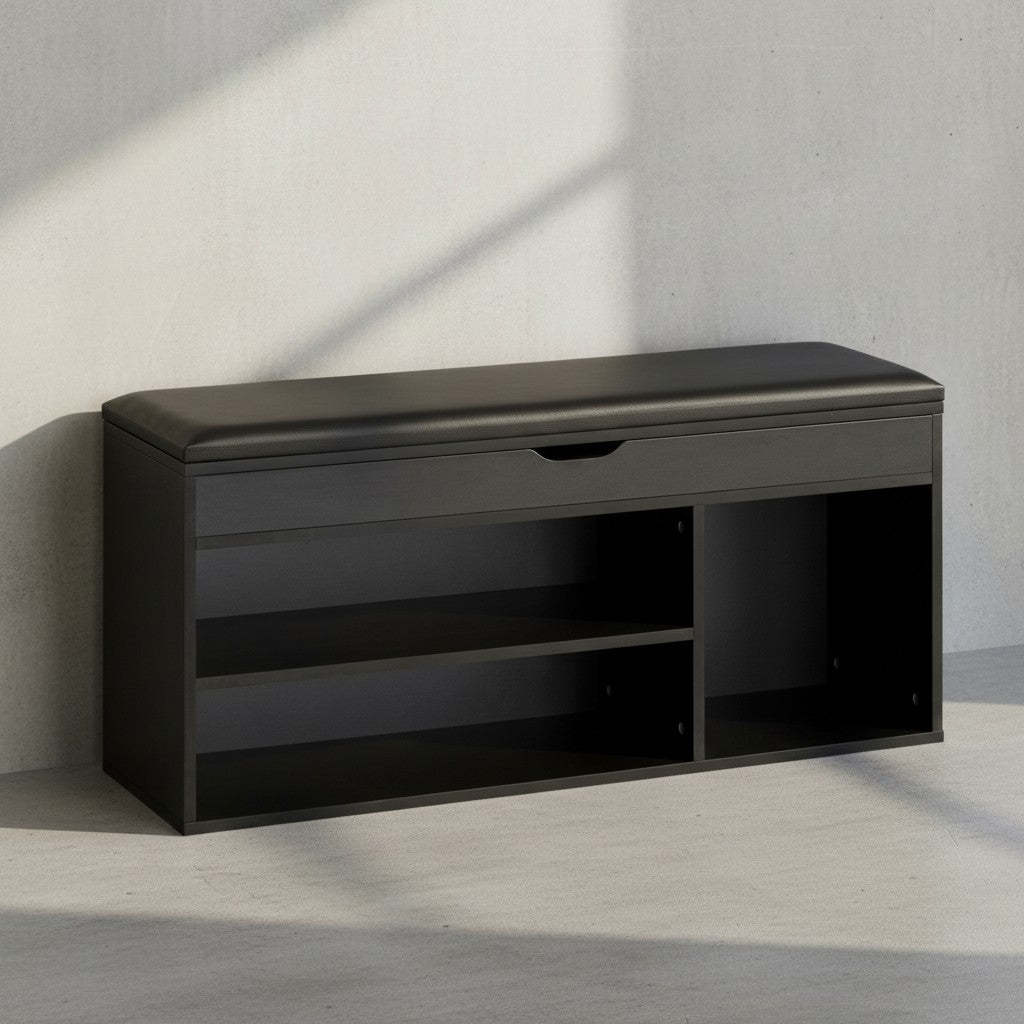 Schuhbank mit Sitzfläche Garderoben-Bank 104x51x32 cm Kunstleder Schwarz - Holzbank Klein Gepolstert - Sitzbank Schmal Flur mit Stauraum - Truhenbank Schuhtruhe Flurmöbel_
