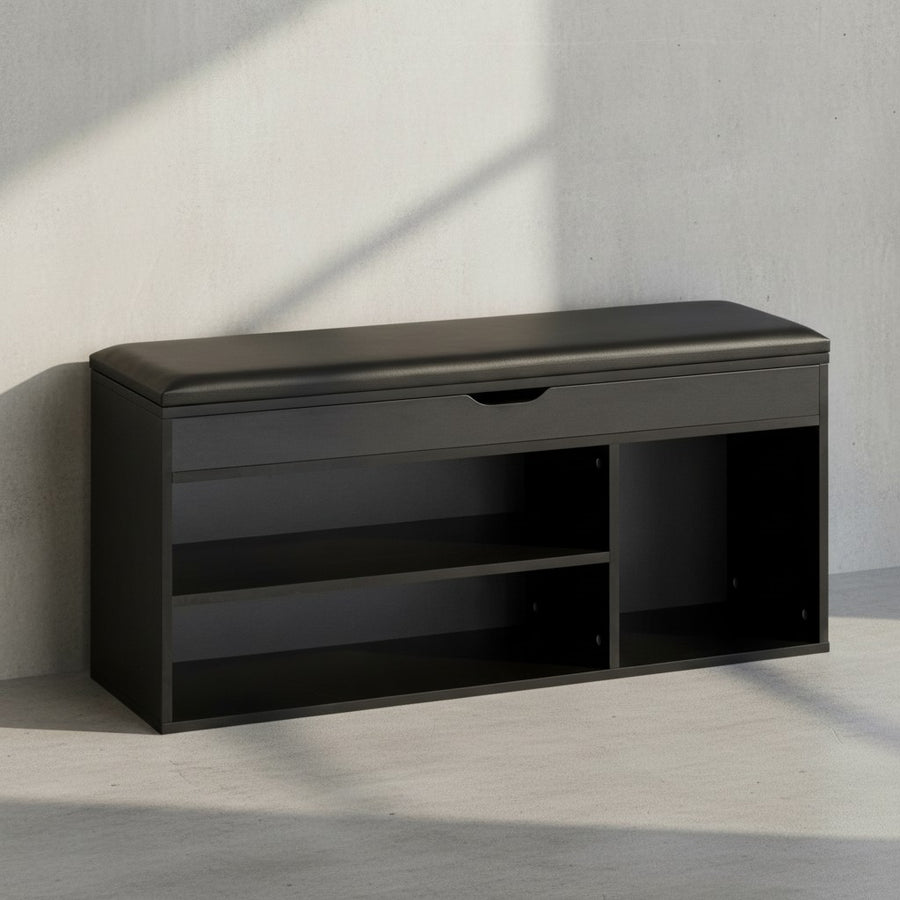 Schuhbank mit Sitzfläche Garderoben-Bank 104x51x32 cm Kunstleder Schwarz - Holzbank Klein Gepolstert - Sitzbank Schmal Flur mit Stauraum - Truhenbank Schuhtruhe Flurmöbel_
