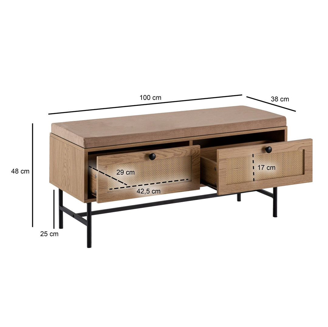 Schuhbank – 100x48x38 cm, Eiche-Dekor, Sitzfläche Stoff, mit Schubladen