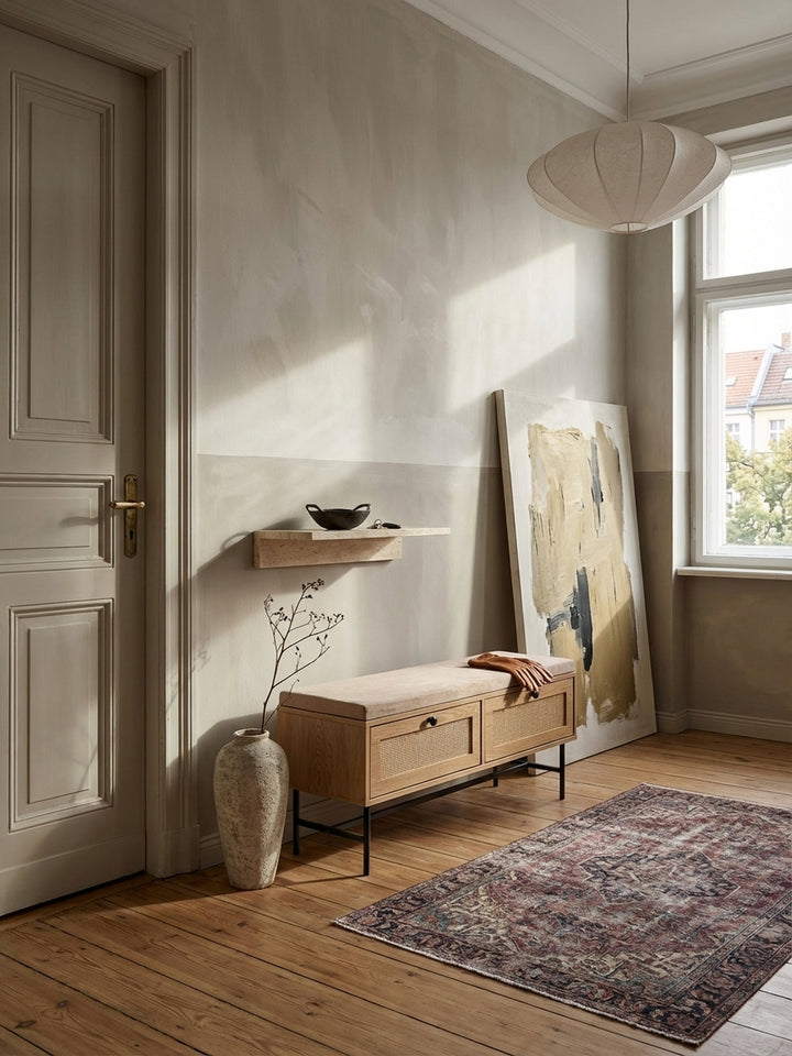 Gepolsterte Schuhbank im Eiche-Dekor mit Rattan-Schubladen in einem hellen, minimalistischen Flur mit Holzboden und einer großen Pflanze am Fenster._