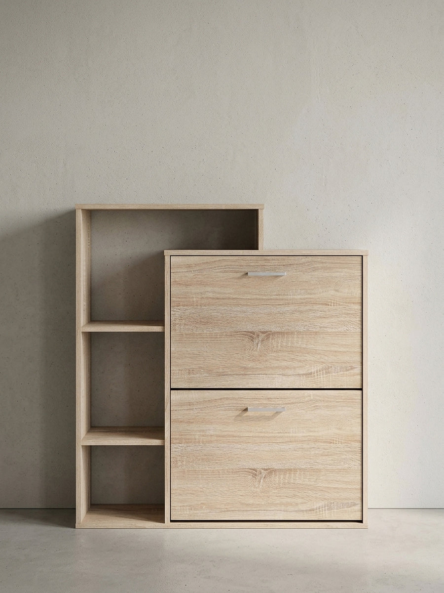 Regal aus Eiche Massivholz auf neutralem Betonhintergrund Frontalansicht 85x24x93 cm_