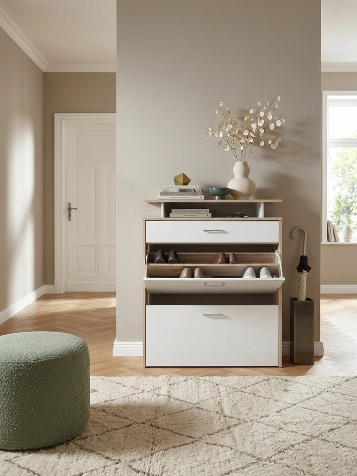 MDF (Holzwerkstoff) mit Melaminbeschichtung aus Eiche Massivholz mit Schublade in modernem Flur mit Teppich und stimmungsvoller Beleuchtung 80x24x95 cm_