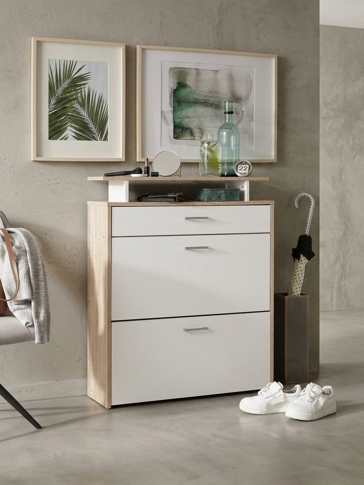 Seitenansicht MDF (Holzwerkstoff) mit Melaminbeschichtung Eiche Massivholz weiß mit sichtbarer Materialstärke und Konstruktionsdetails 80x24x95 cm mit Schublade_