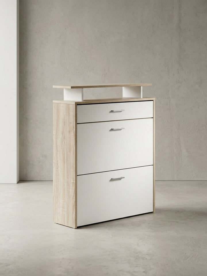 MDF (Holzwerkstoff) mit Melaminbeschichtung aus Eiche Massivholz weiß 80x24x95 cm Studioaufnahme zeigt Gesamtform und Materialcharakter mit Schublade_