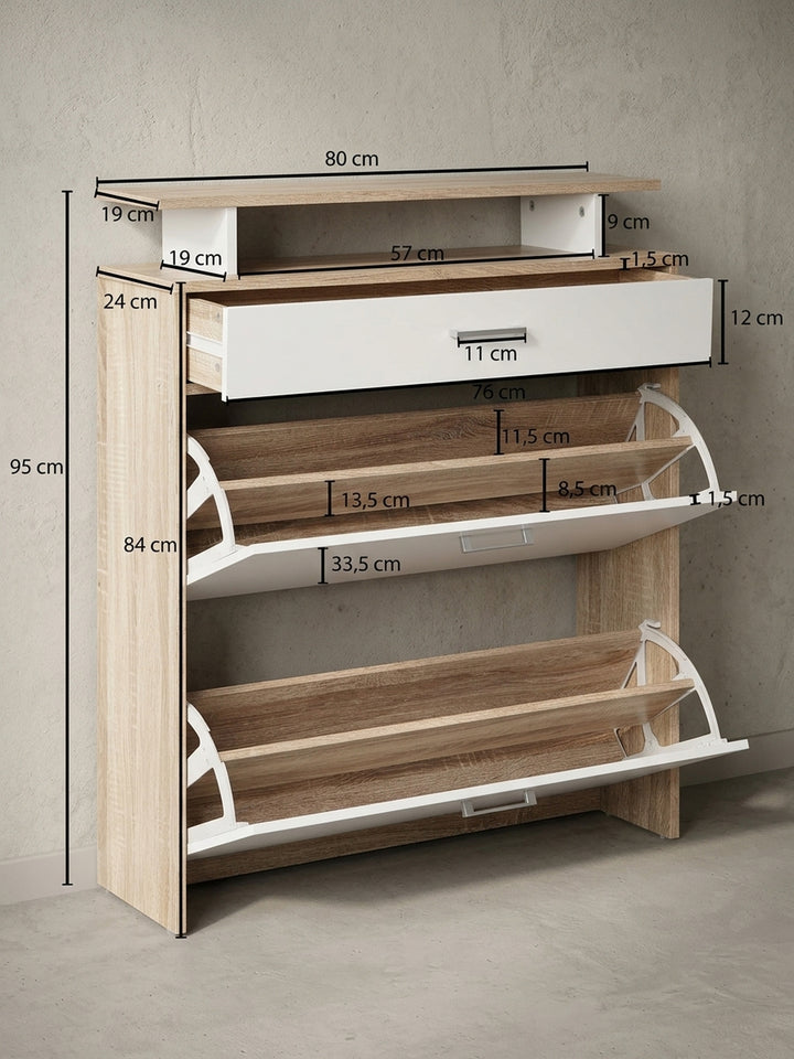 Detailansicht MDF (Holzwerkstoff) mit Melaminbeschichtung aus Eiche Massivholz zeigt Verarbeitung und Materialqualität mit Schublade 80x24x95 cm_